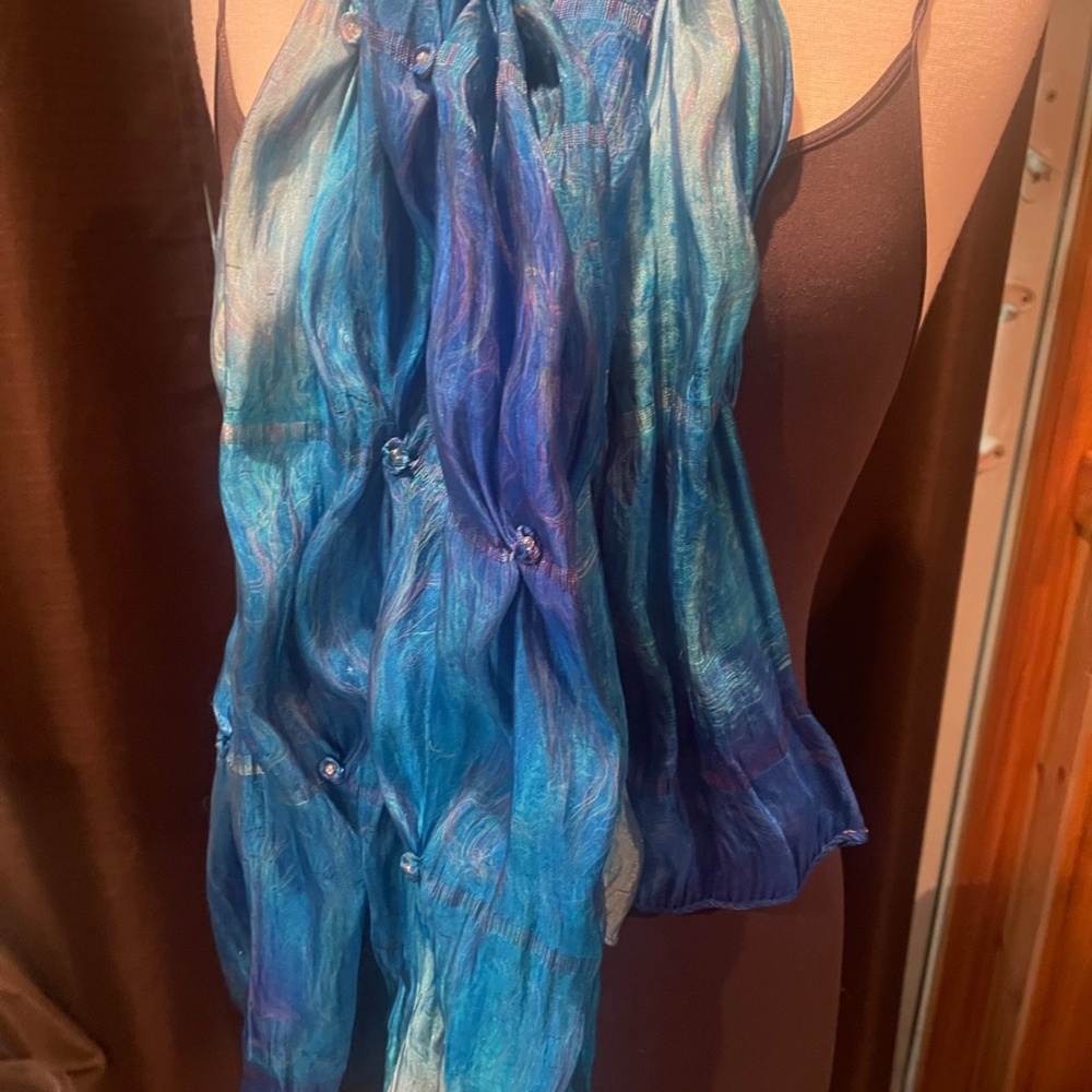 FANCY SCARF - 45% silk, tiny bead flower accents, blue tones, 75" X 20" size